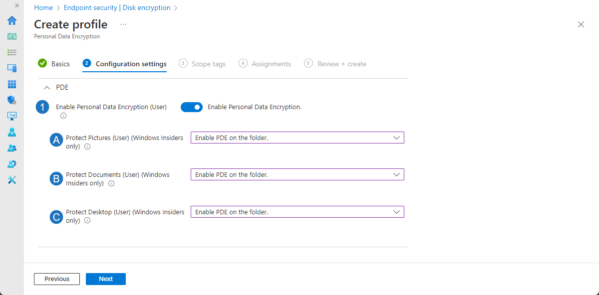 Intune Personal Data Encryption policy: Enable PDE and protect Documents, Desktop, Pictures